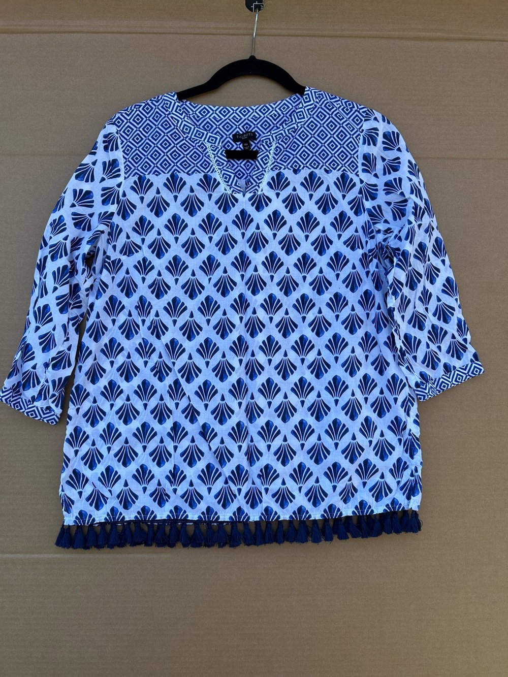 Talbots Tassel Hem Tunic Top Geometric Print Cotton Petite Medium Blue White
